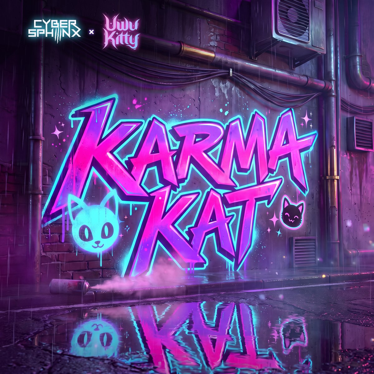 Karma Kat cover art: the title sprayed in glowing graffiti on a rainy neon alley wall
